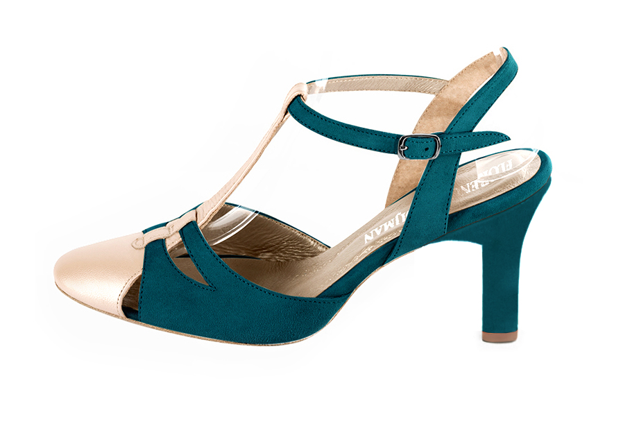 French elegance and refinement for these gold and peacock blue dress open back T-strap shoes, 
                available in many subtle leather and colour combinations. Its comfortable fit will accompany you until the end of the night.
Its charming, playful cutout gives you plenty of customization options.  
                Matching clutches for parties, ceremonies and weddings.   
                You can customize these shoes to perfectly match your tastes or needs, and have a unique model.  
                Choice of leathers, colours, knots and heels. 
                Wide range of materials and shades carefully chosen.  
                Rich collection of flat, low, mid and high heels.  
                Small and large shoe sizes - Florence KOOIJMAN